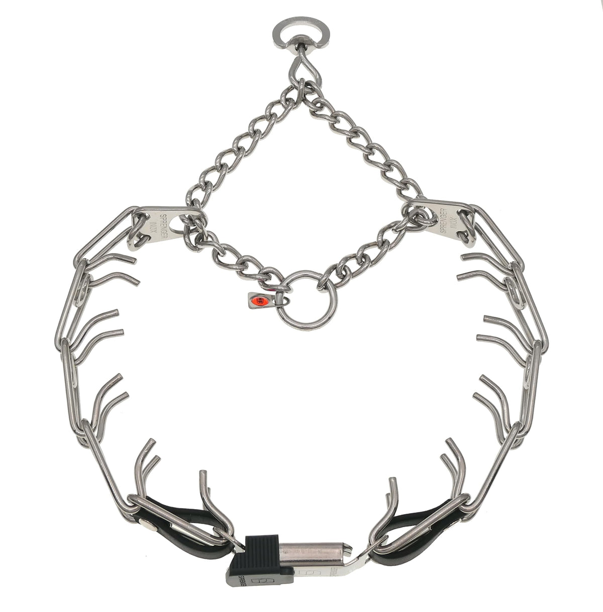 Herm Sprenger stainless steel prong collar close-up showing rugged design for reliable training support.