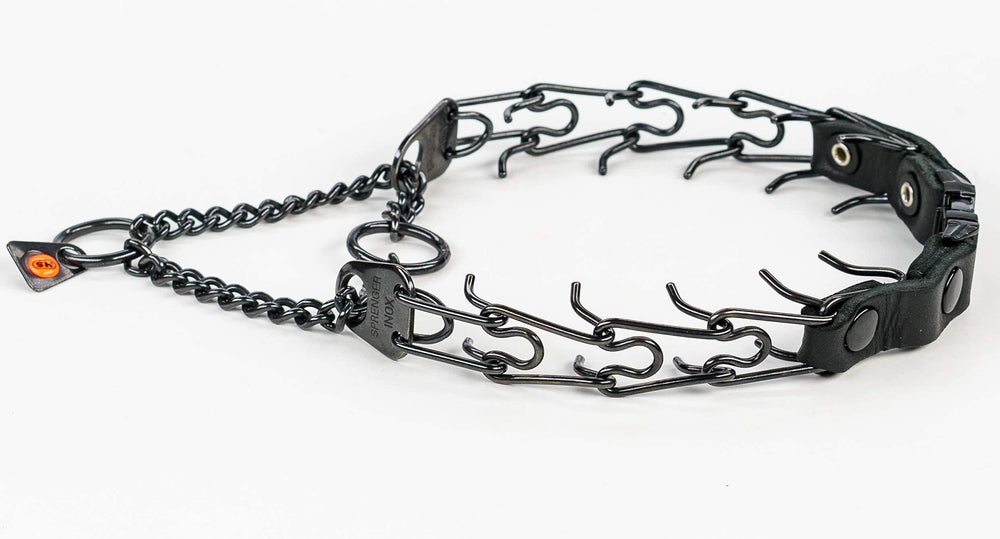 Herm Sprenger training collar safety focus reduces harsh tension during sessions.