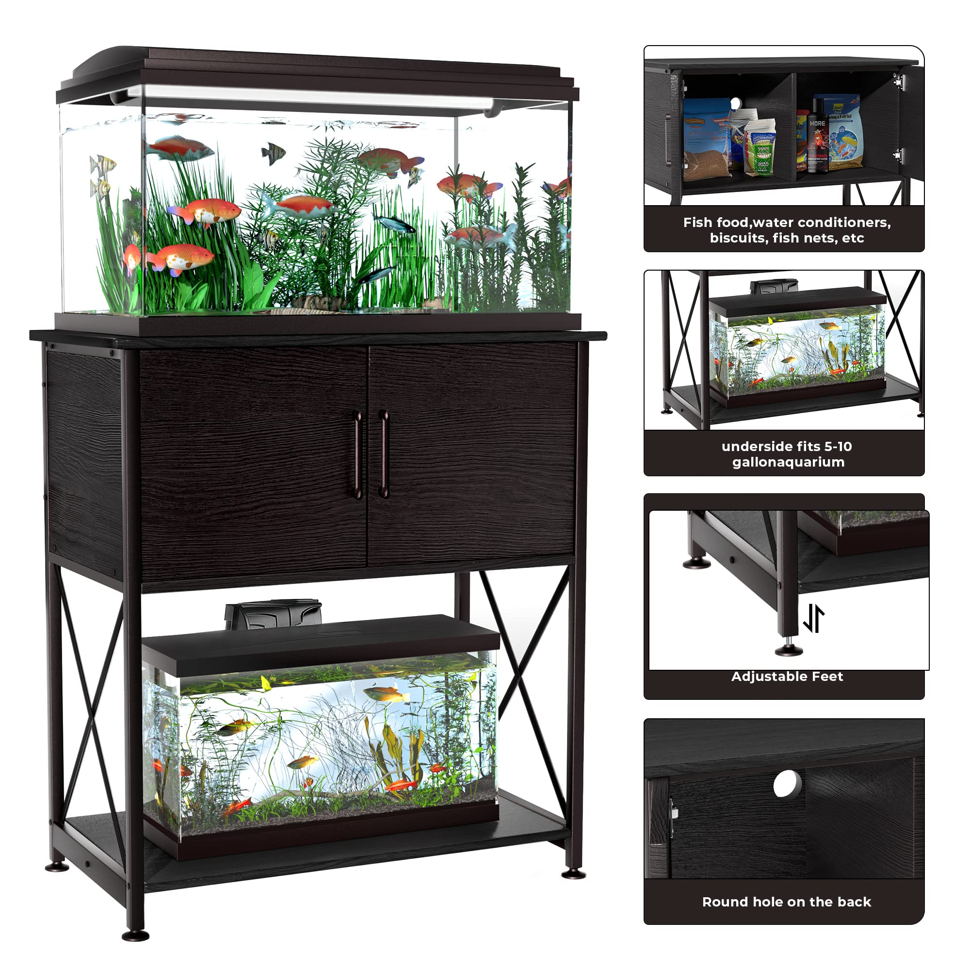Herture cabinet storage keeps fish food and tools neatly.