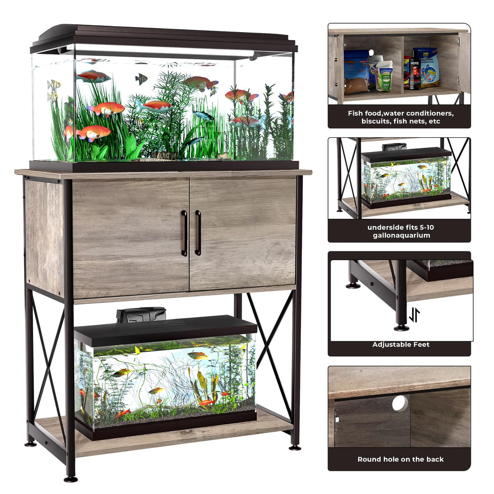 Herture stand bottom shelf supports small 5-10 gallon tanks.
