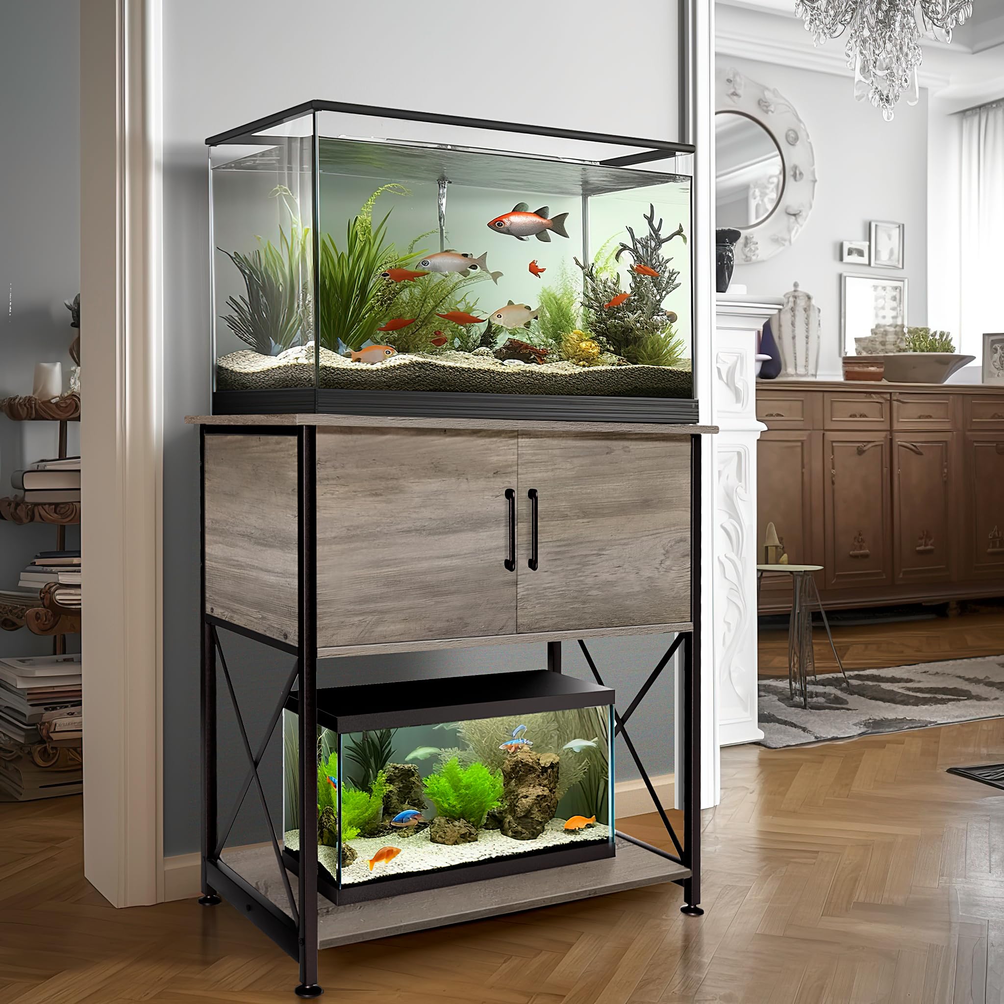 Herture aquarium stand grey side view shows durable powder-coated frame.