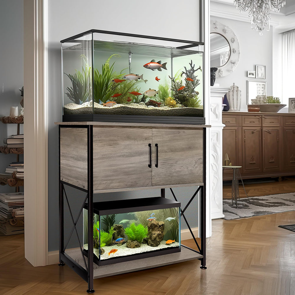 Herture aquarium stand grey side view shows durable powder-coated frame.