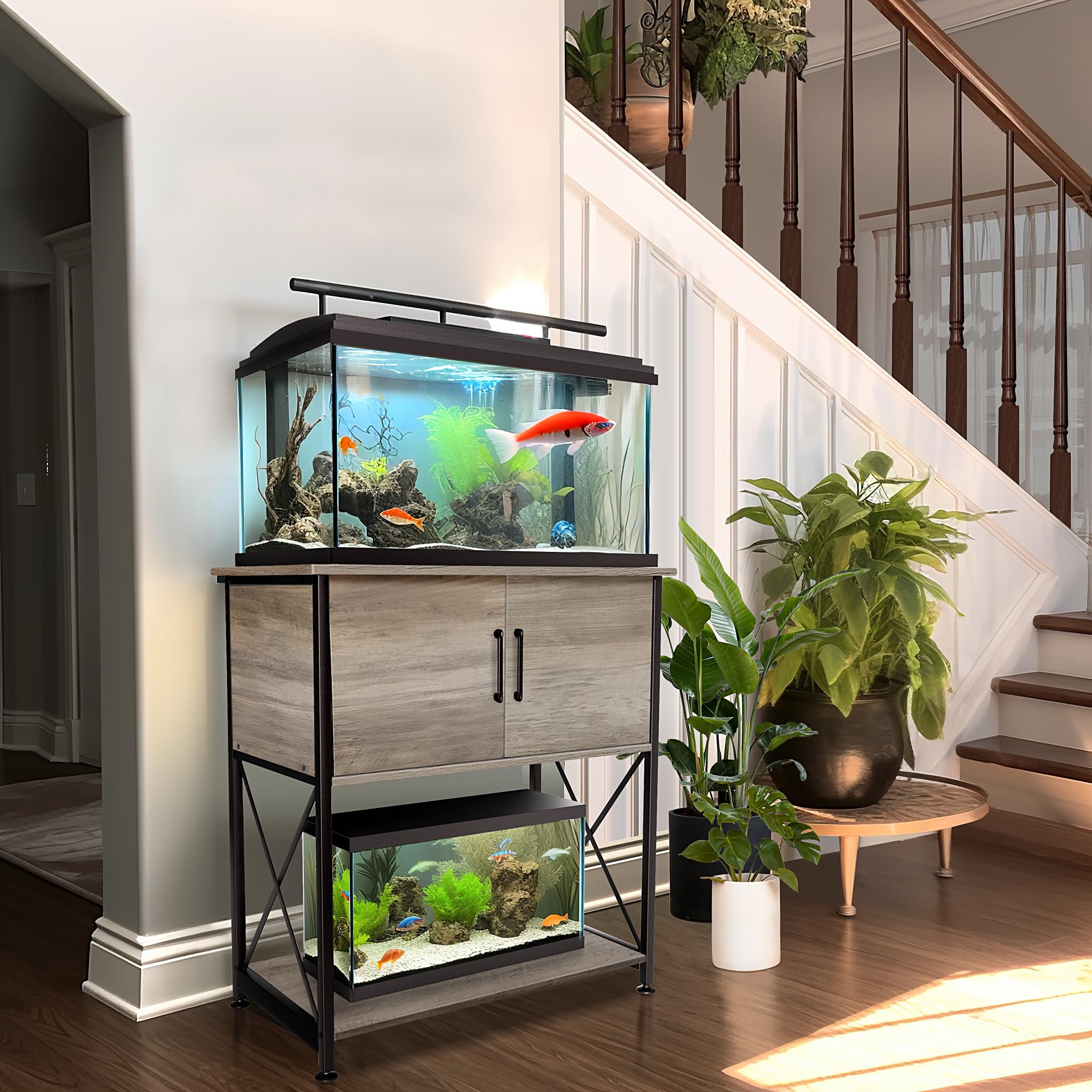 Herture aquarium stand grey top view demonstrates spacious desktop.