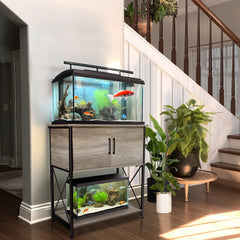 Herture aquarium stand grey top view demonstrates spacious desktop.