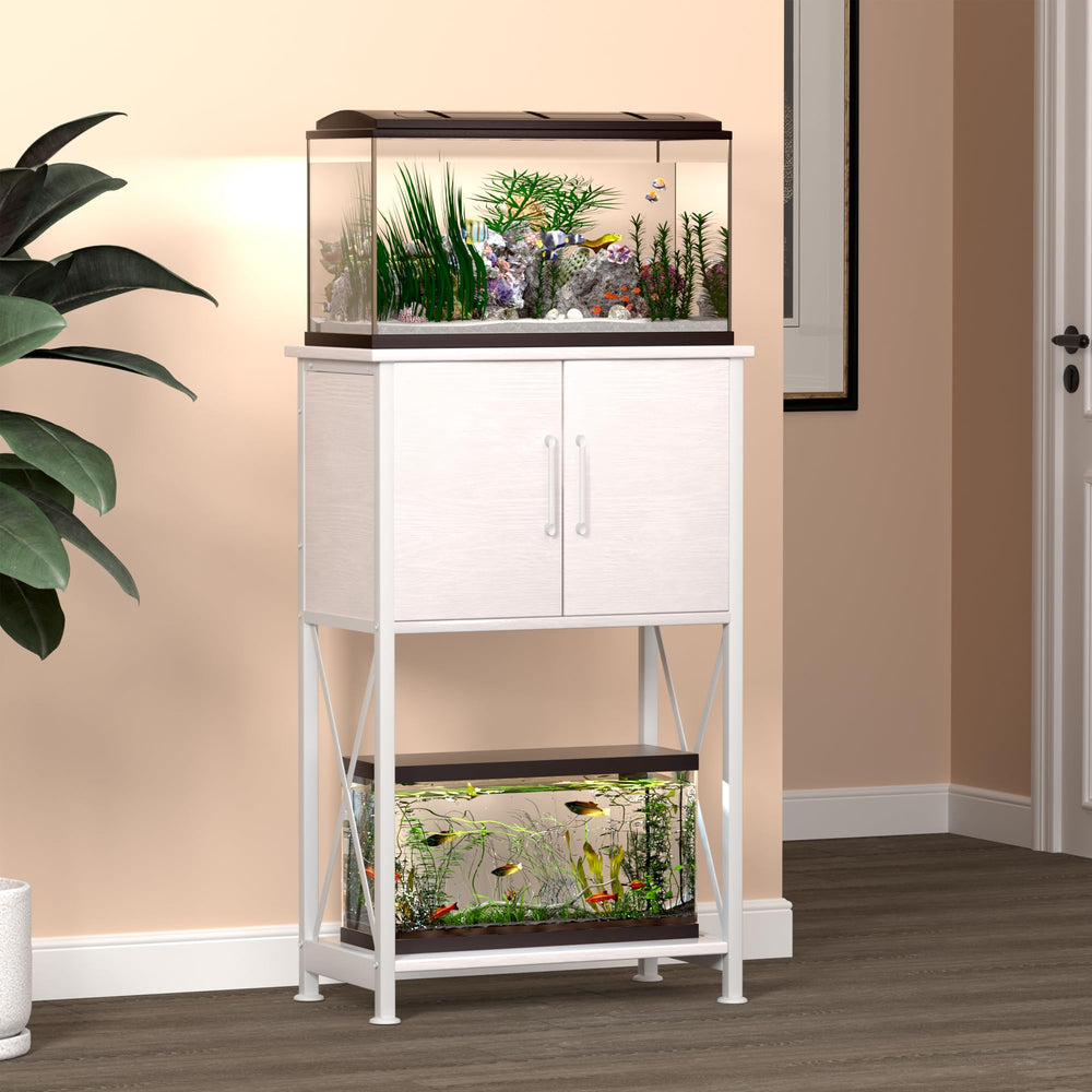 Herture fish tank stand bottom shelf accommodates a 5-gallon tank.