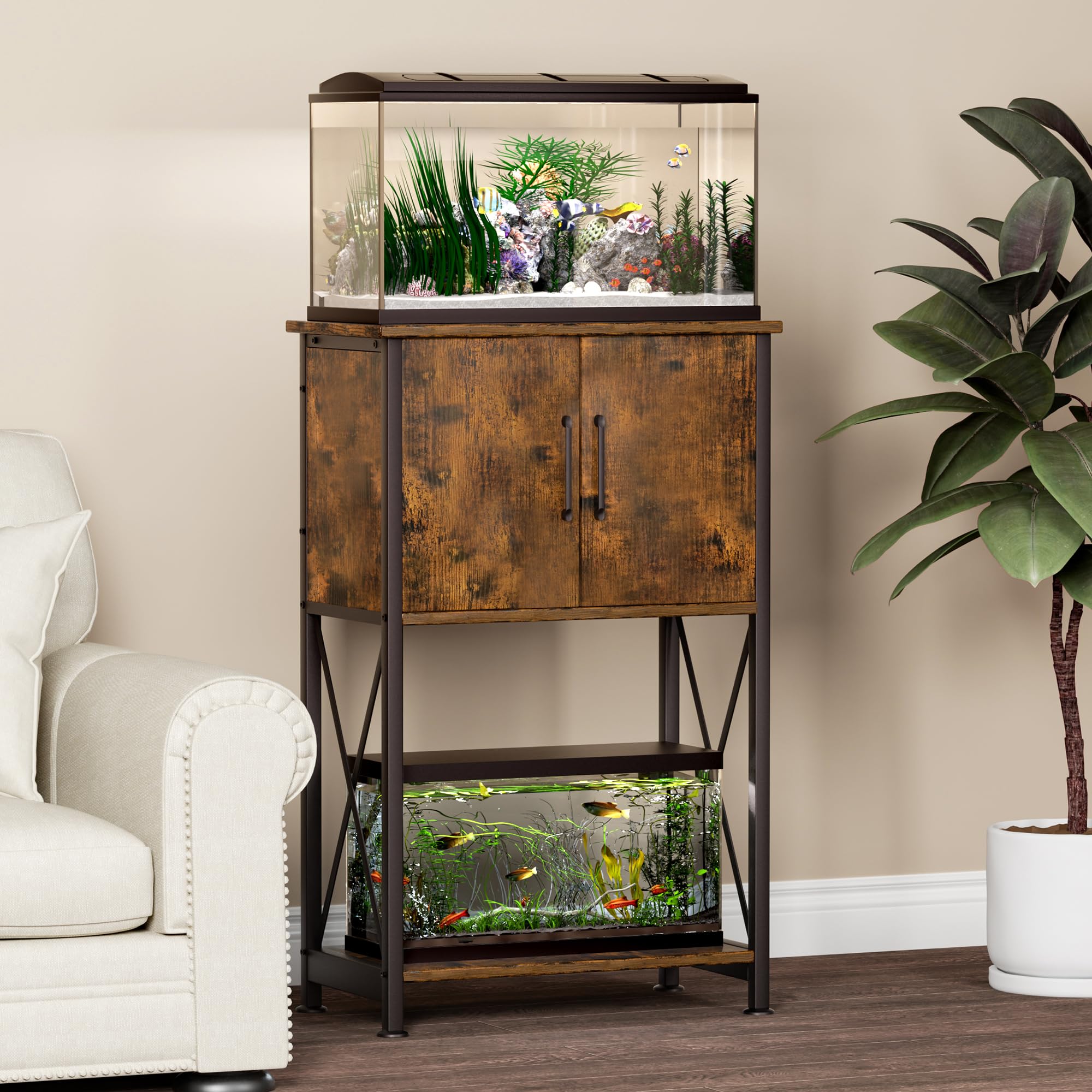 Herture fish tank stand cabinet front shows concealed storage for aquarium supplies.