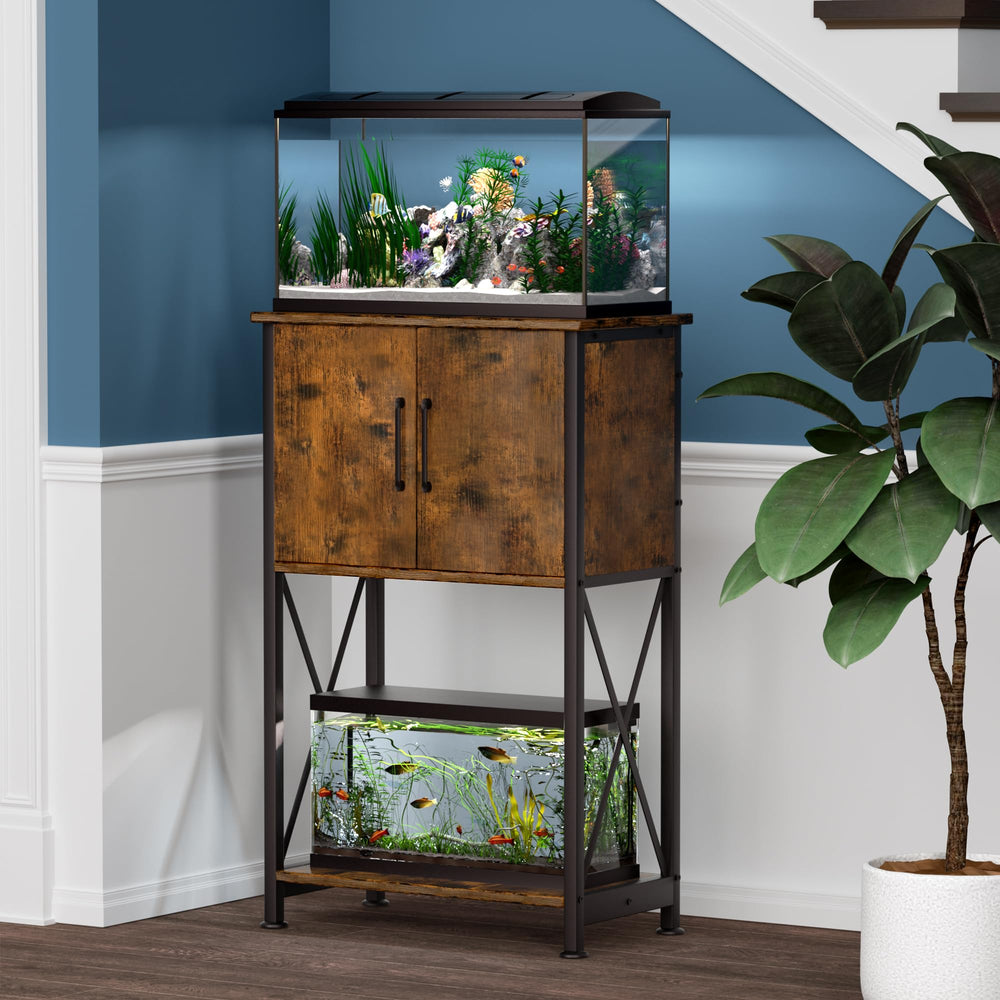 Herture stand lower shelf accommodates a 5-gallon tank or decor.