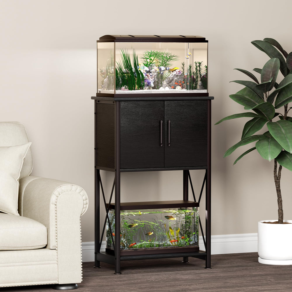 Herture lower shelf holds a 5-gallon tank or decor for dual-display.