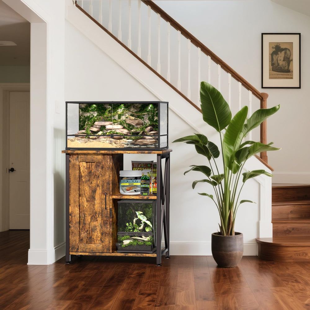 Herture stand built-in power outlet powers lights and heating devices.