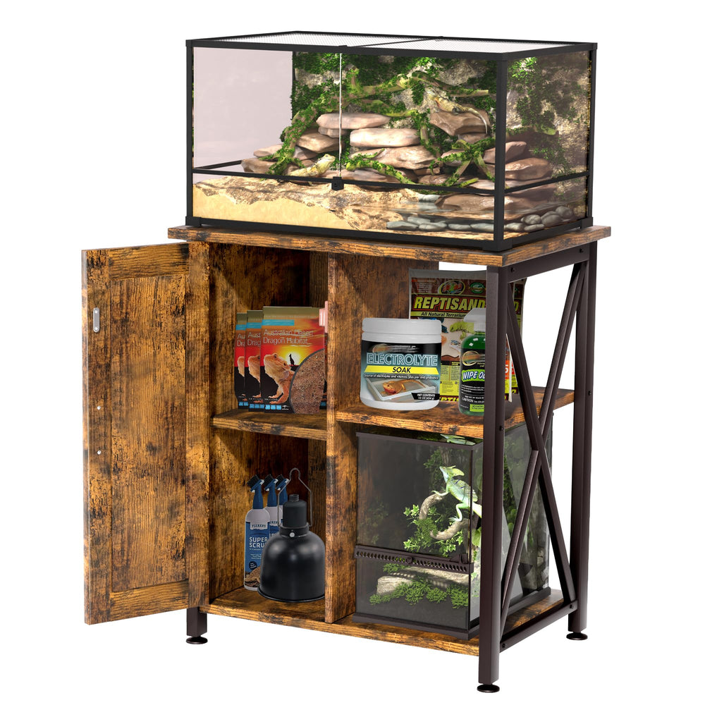 Herture stand right-side slot fits a smaller tank for multi-pet setups.