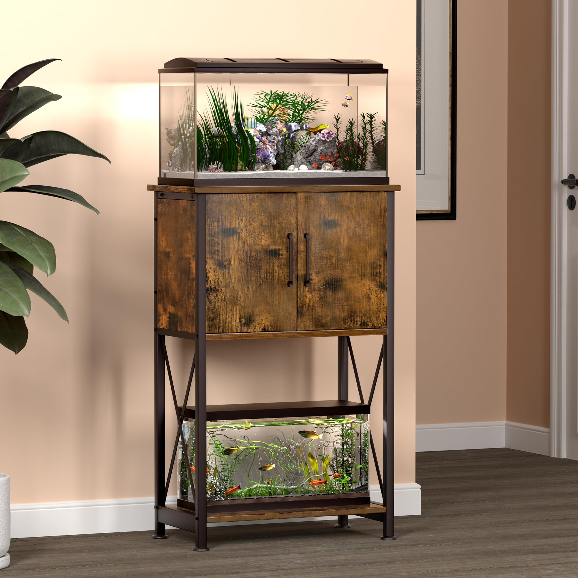 Herture rustic brown finish blends with home decor while highlighting the tank.