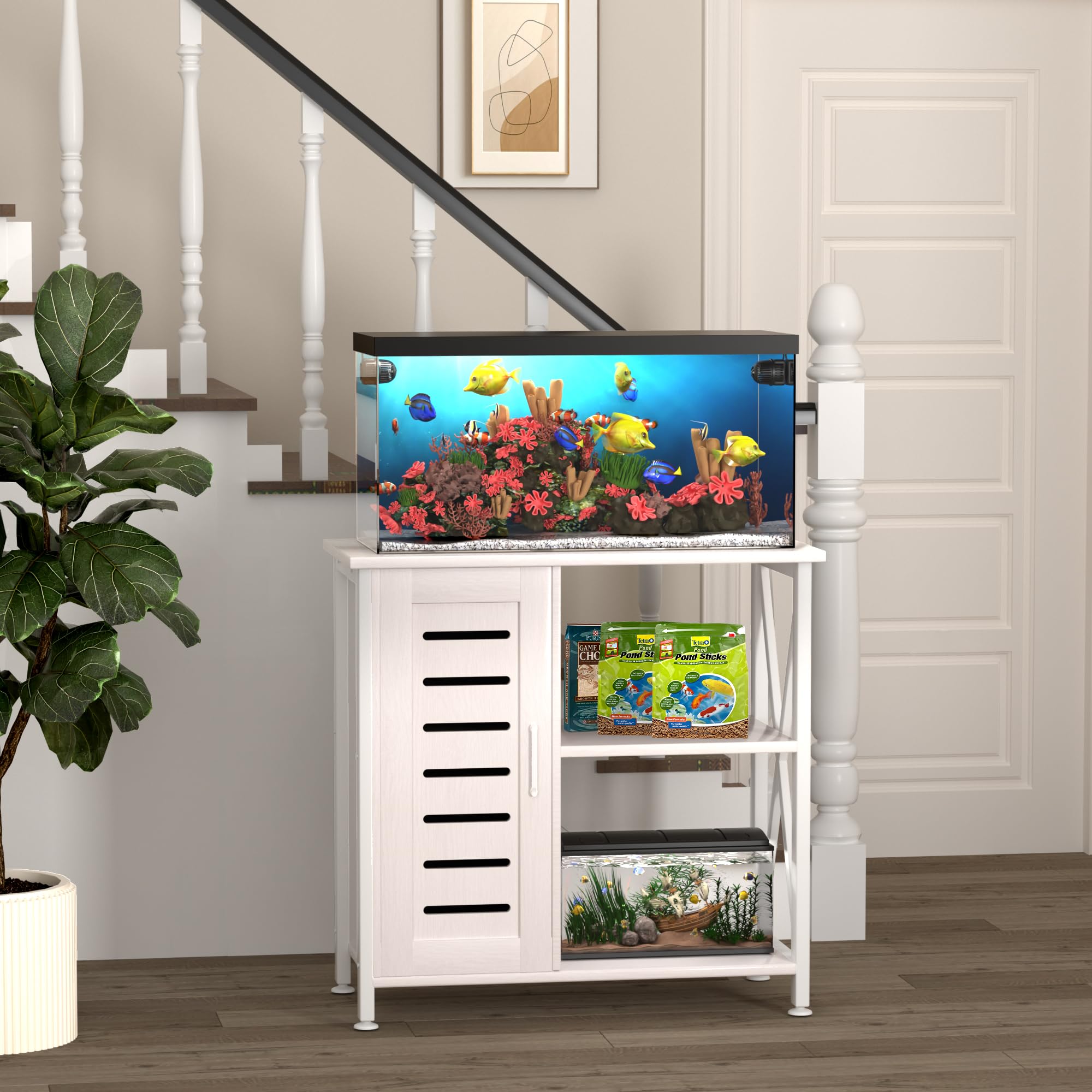 Herture stand bottom compartment holds small 5-gallon tanks for flexibility