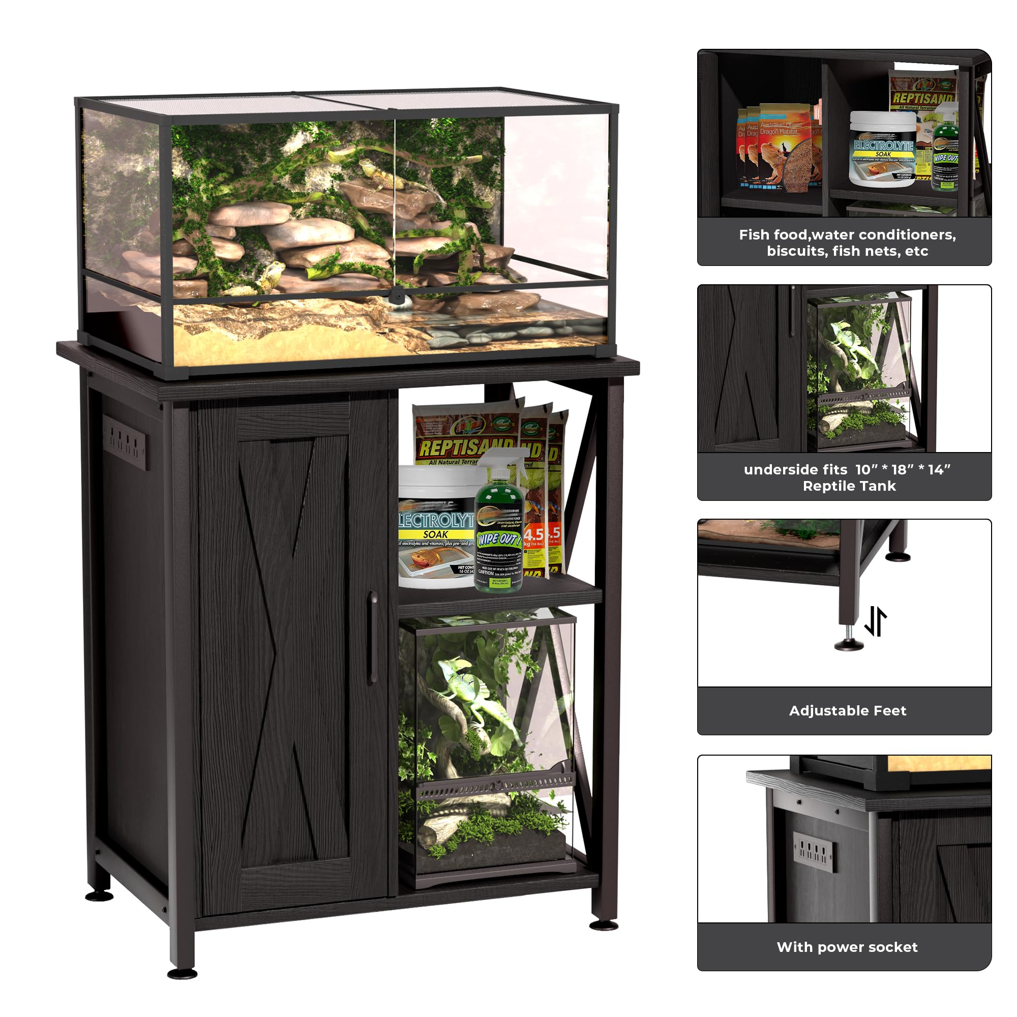 Herture left cabinet and upper shelf keep accessories organized.