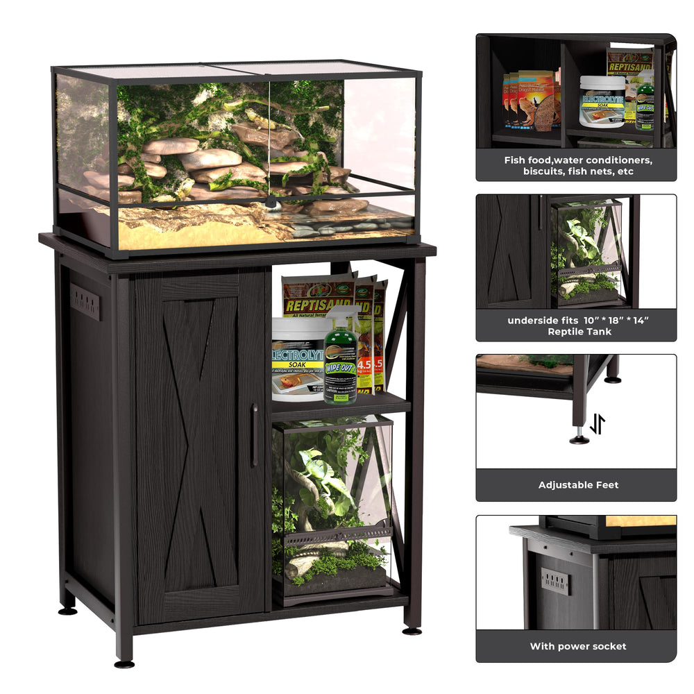 Herture left cabinet and upper shelf keep accessories organized.