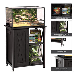 Herture left cabinet and upper shelf keep accessories organized.