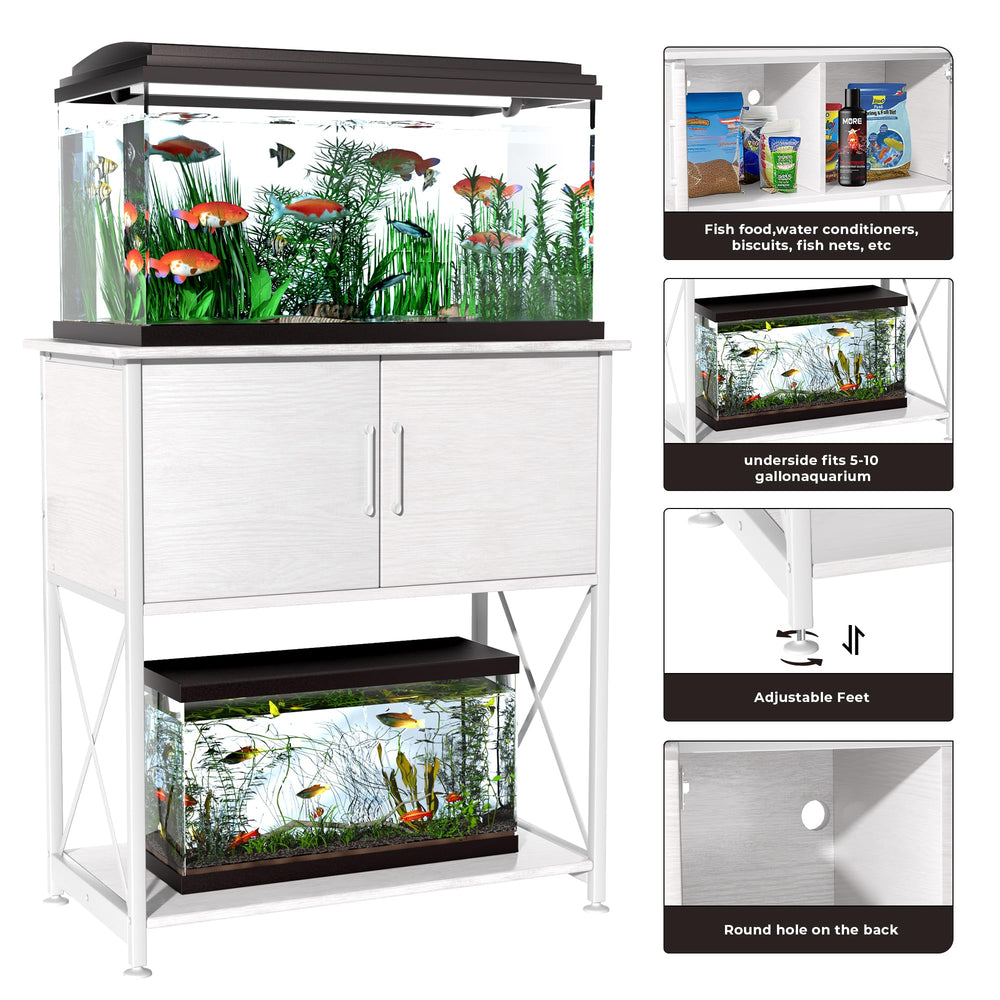 Herture stand storage cabinet keeps fish food and tools neatly organized.