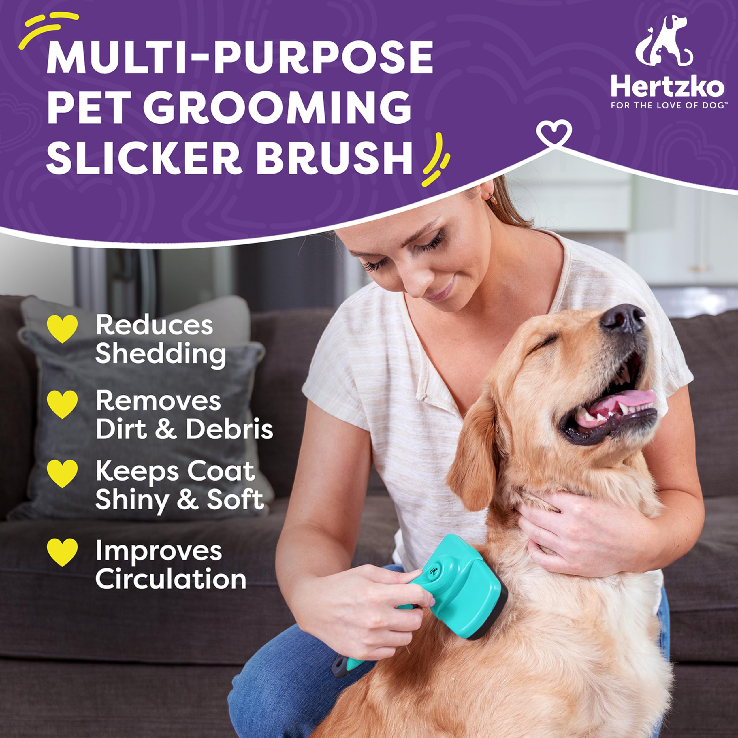 Hertzko self-cleaning brush button press enabling quick fur removal and easy cleanup
