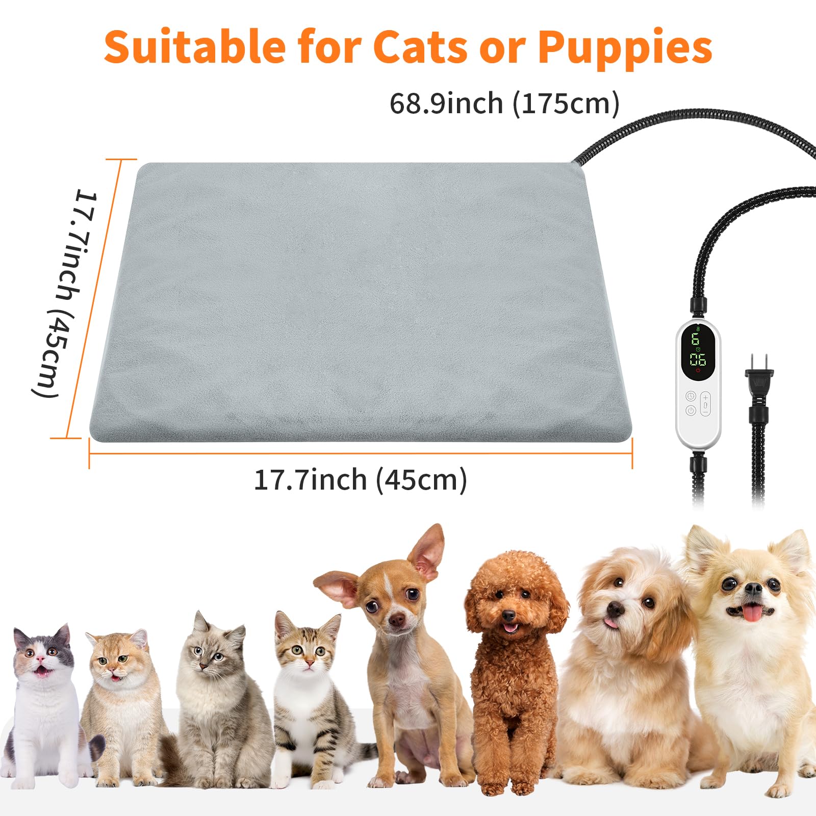 Hervimo pet heating pad 17.7-inch square provides roomy warmth for pets.
