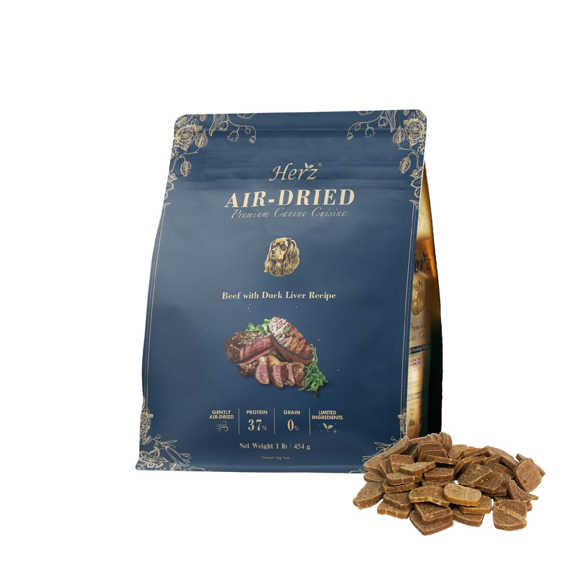 Herz air-dried beef-duck-liver recipe kibble close-up shows high-protein texture