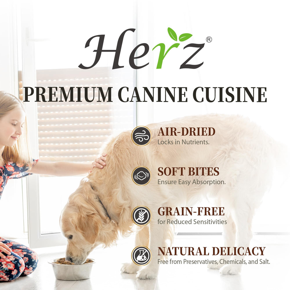 Herz air-dried dog food ingredient panel reveals natural ingredients for balanced nutrition.