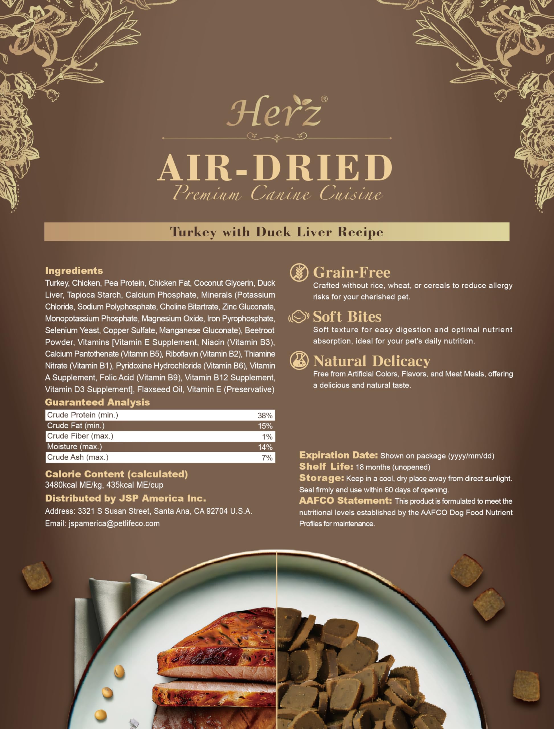 Herz air-dried dog food kibble closeup turkey duck liver shows texture dogs crave.