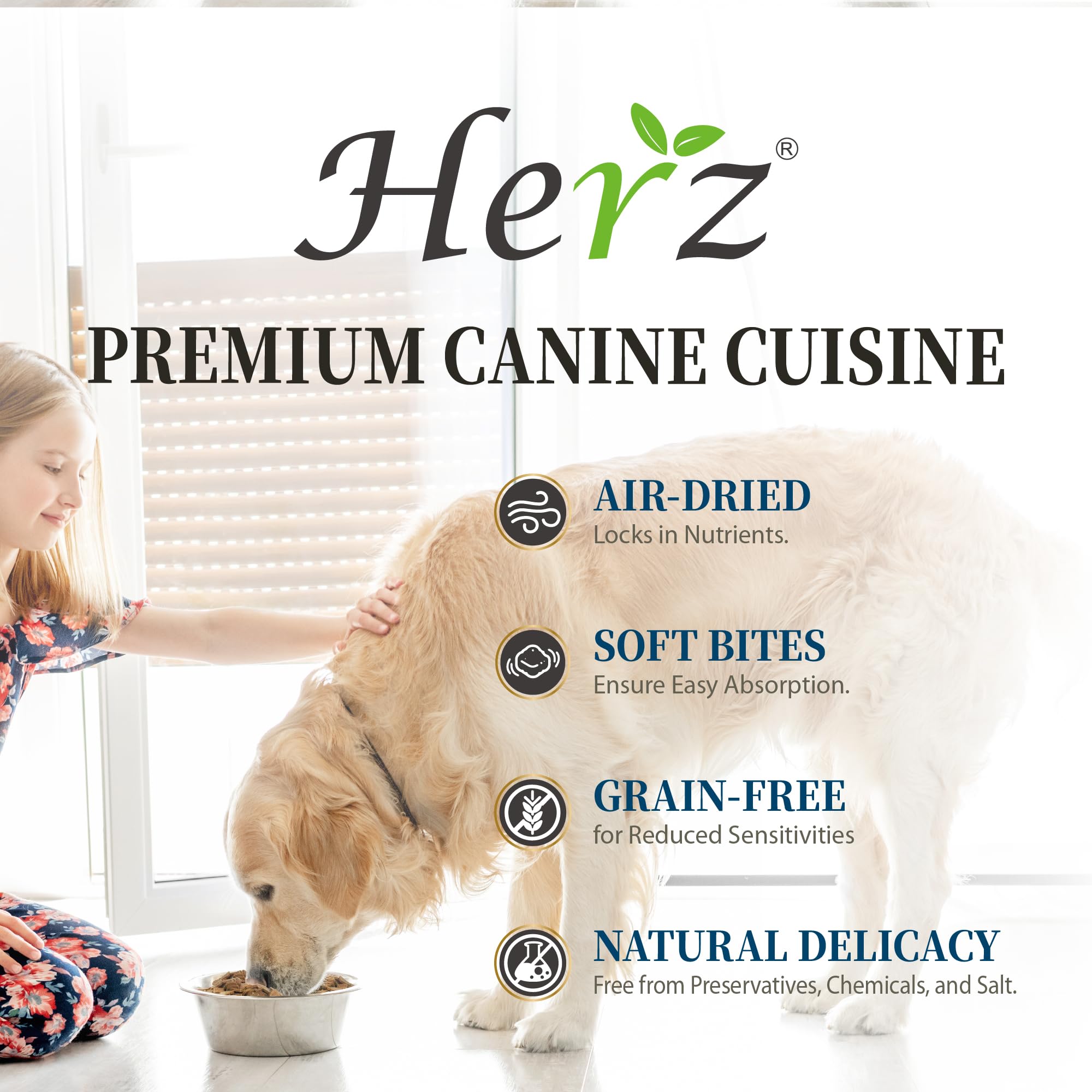Herz air-dried dog food kibble in bowl ready-to-serve meal