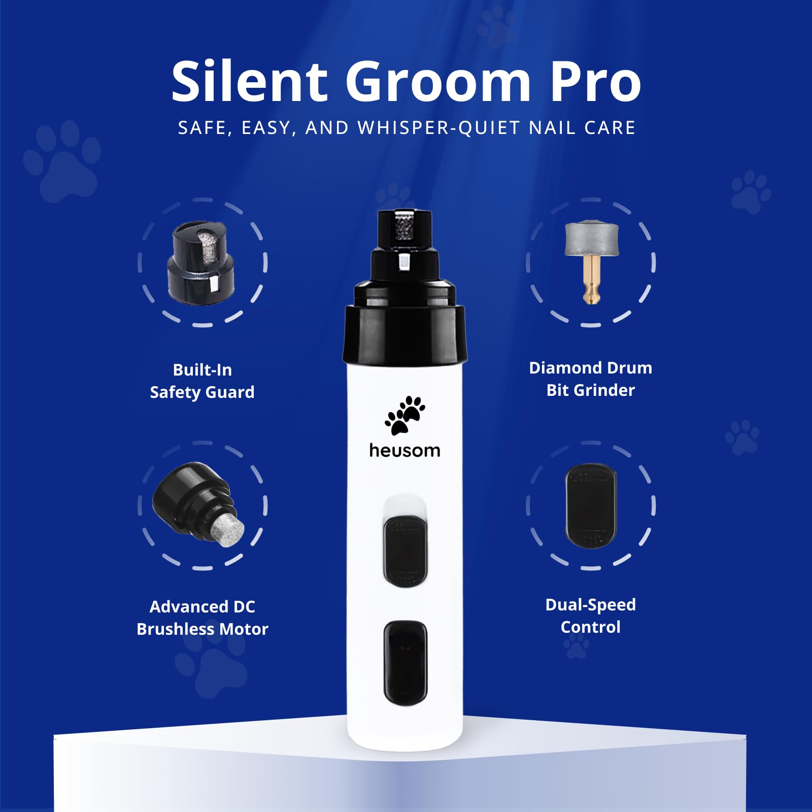 Heusom Silent Groom Pro close-up on replacement heads for long-lasting grooming.