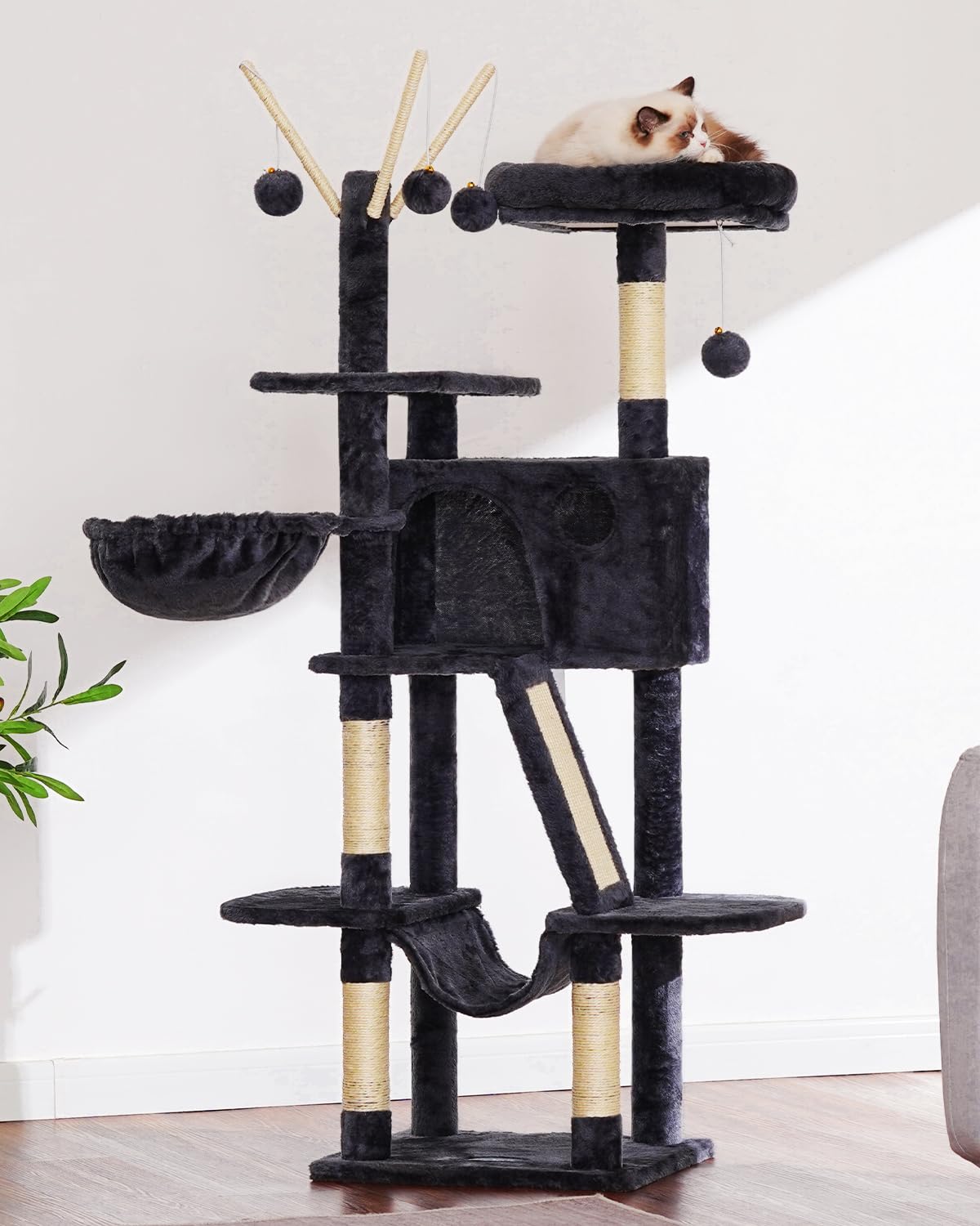 Hey-brother cat tree 53in-padded-perches: plush resting spots for naps.