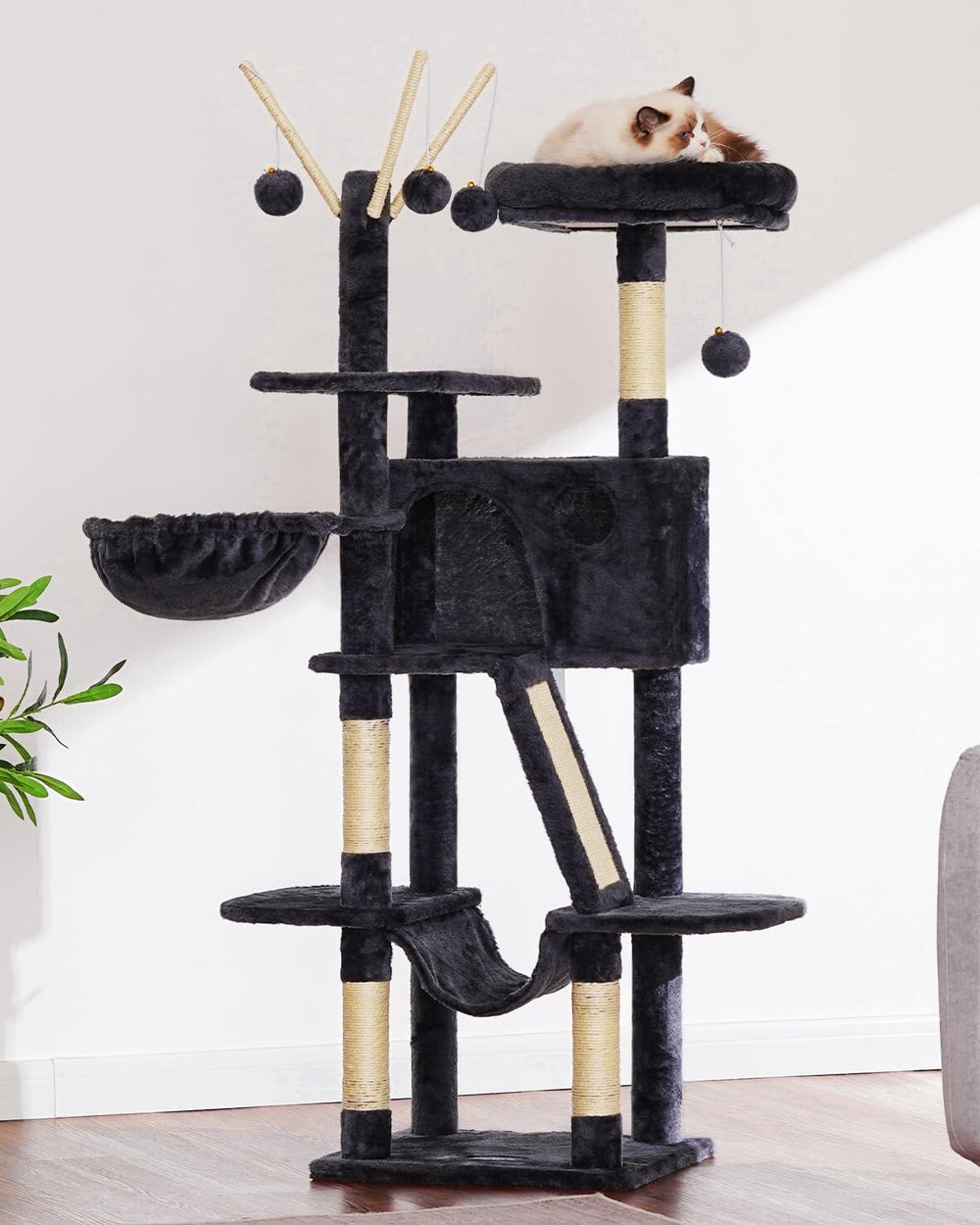 Hey-brother cat tree 53in-padded-perches: plush resting spots for naps.