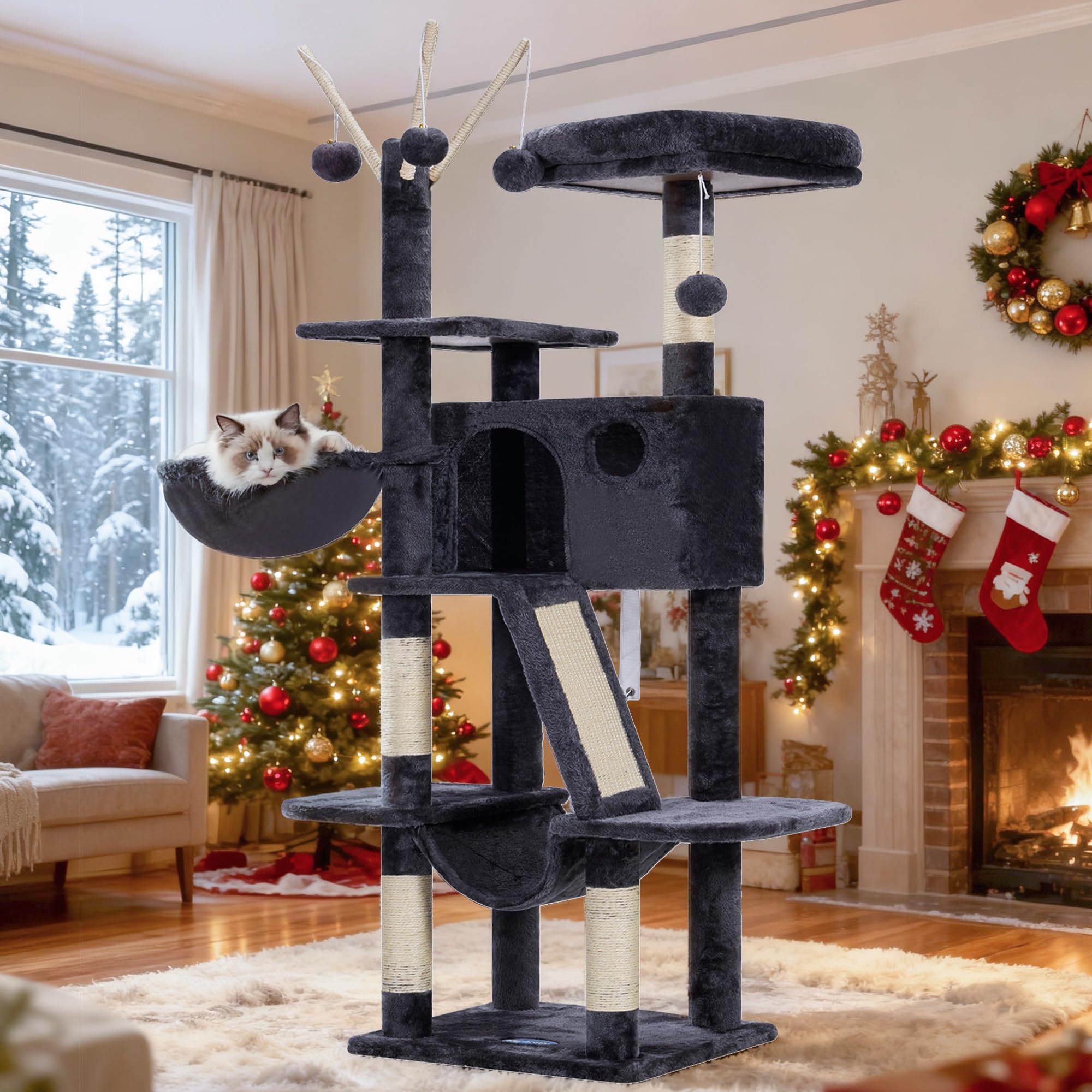 Hey-brother cat tree 53in smoky gray assembled provides sturdy lounging for indoor cats.