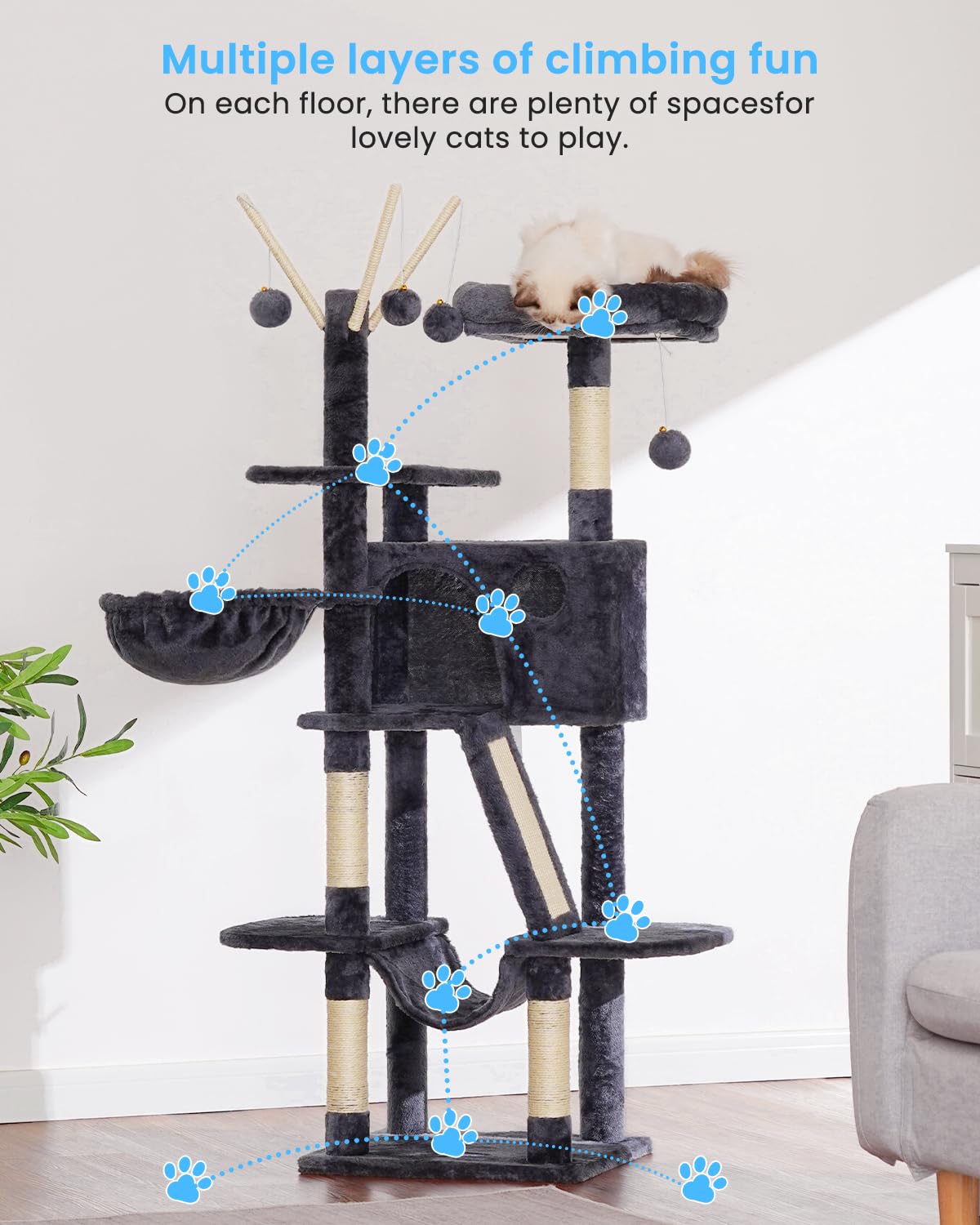 Hey-brother cat tree 53in-wide-scratching-board: broad surface encourages claw maintenance.
