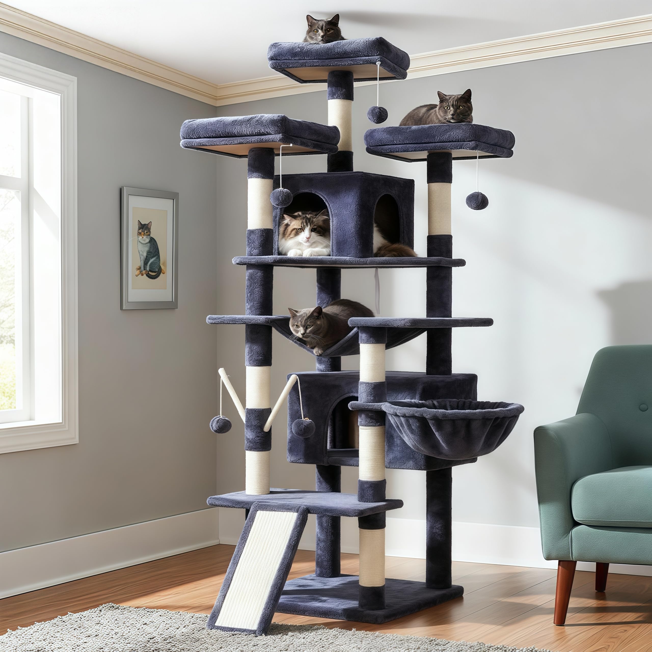Hey-brother cat tree 71in height offers elevated perch for observation
