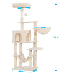 Hey-brother cat tree beige cozy hammock inviting lounging in sunny corners.