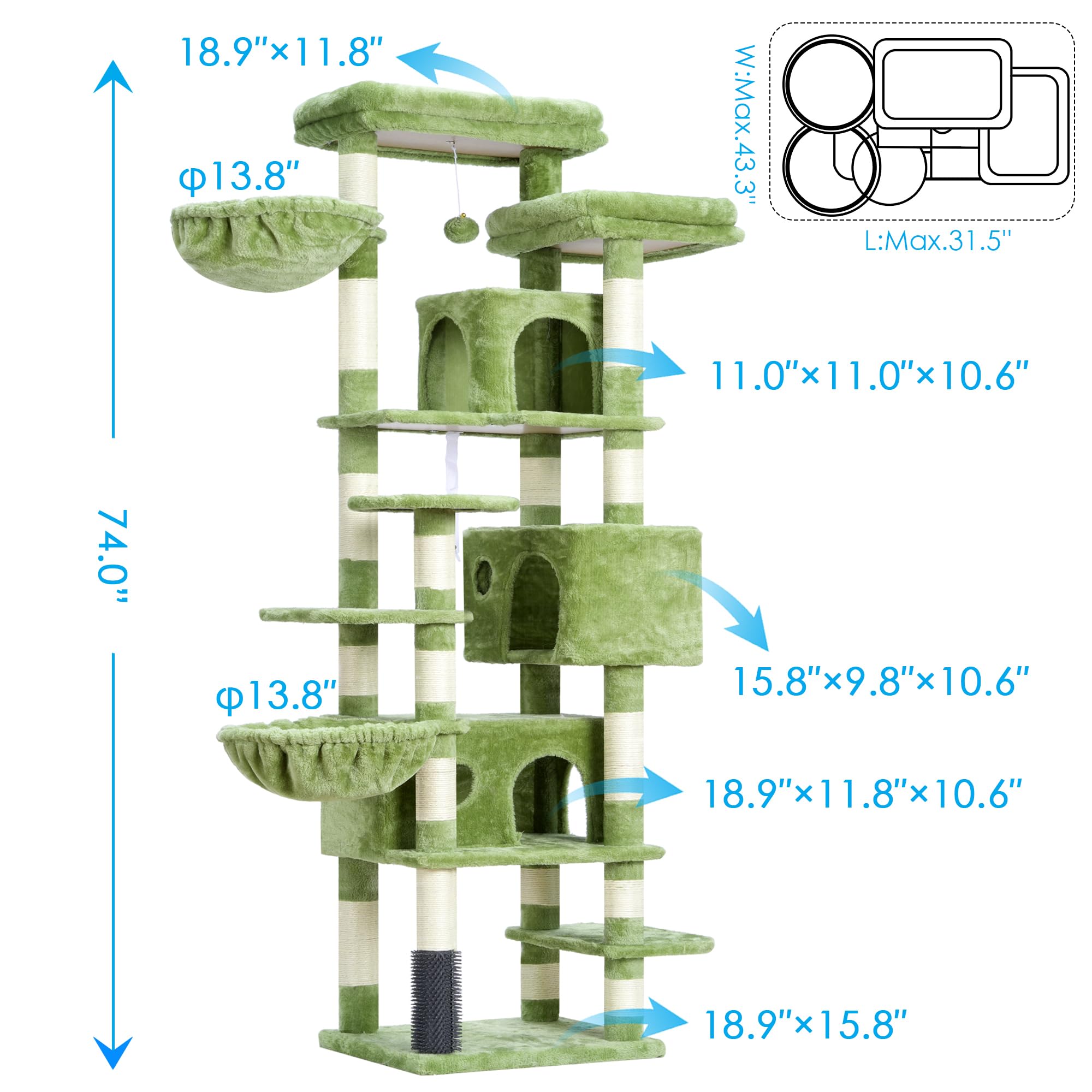 Hey-brother cat tree bottom risers with hairbrushes encourage grooming and play.