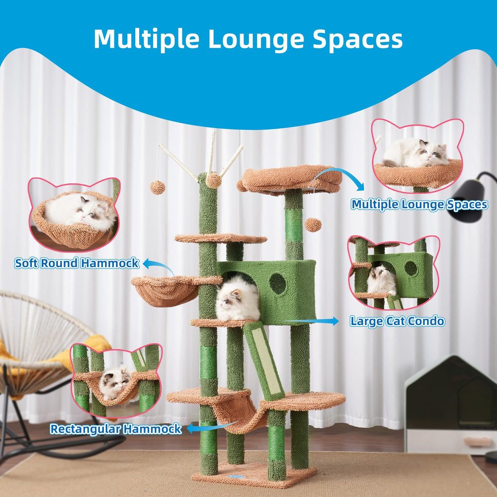 Hey-brother cat tree cozy condo invites hiding and napping during day.