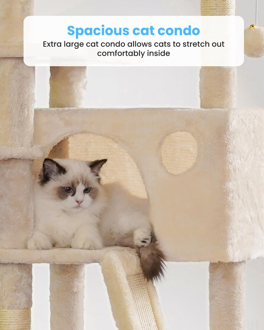Hey-brother cat tree cozy condo hammock invites wrapped comfort during naps.