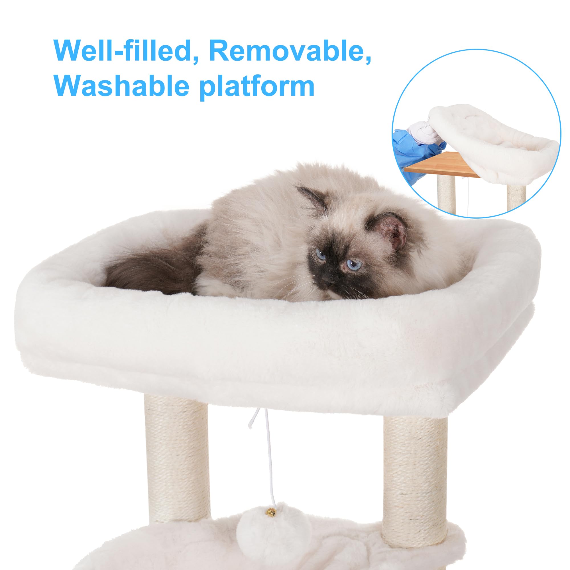 Hey-brother cat tree elevated feeding platform reduces spills during meals.