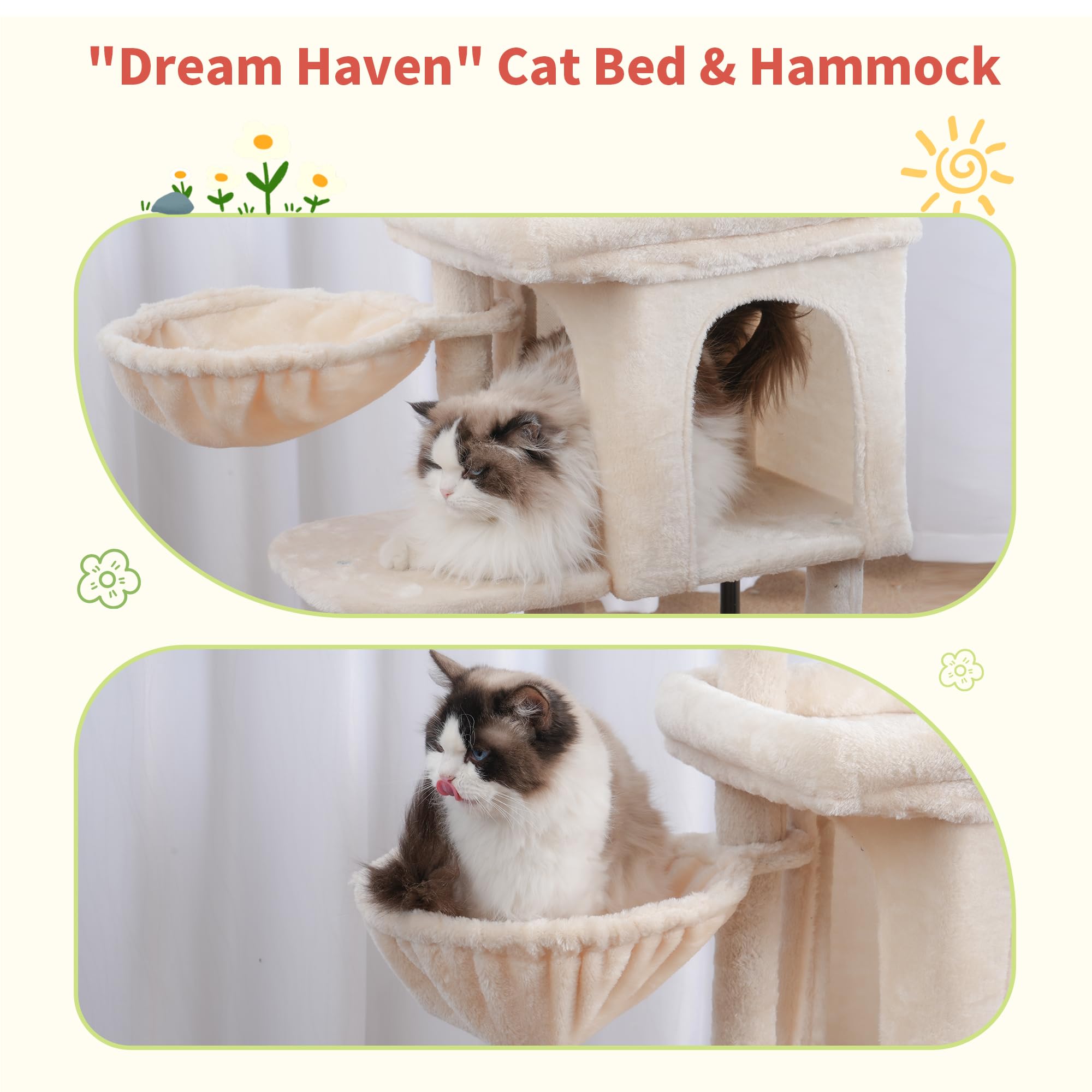 Hey-brother Cat Tree Tower hammock basket delivers cloud-like comfort for curled naps.