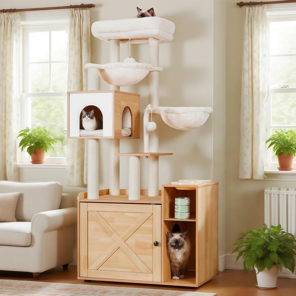 Hey-brother cat tree with litter box enclosure offers a tidy, odor-controlled hiding spot.