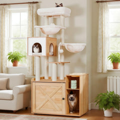 Hey-brother cat tree with litter box enclosure offers a tidy, odor-controlled hiding spot.