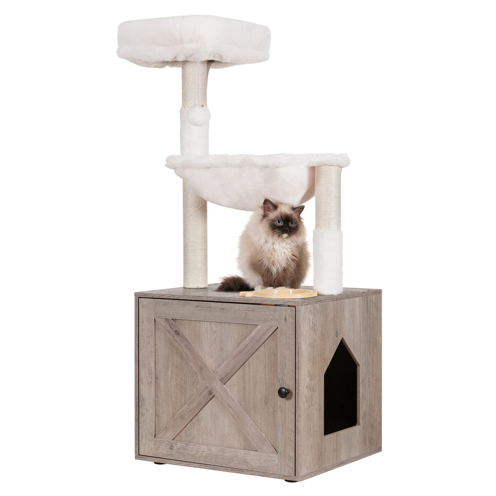 Hey-brother cat tree litter box enclosure neatly conceals litter for a cleaner room.