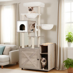 Hey-brother cat tree litter box enclosure keeps litter concealed, creating a tidier living space.