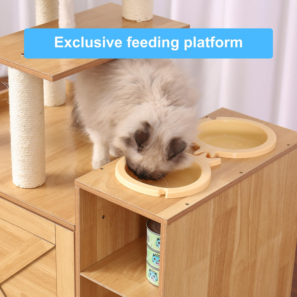 Hey-brother cat tree storage cabinet hides the litter box for privacy.
