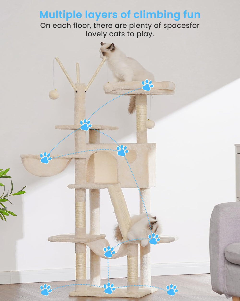 Hey-brother cat tree padded platform bed gives cozy resting spots for cat relaxation.