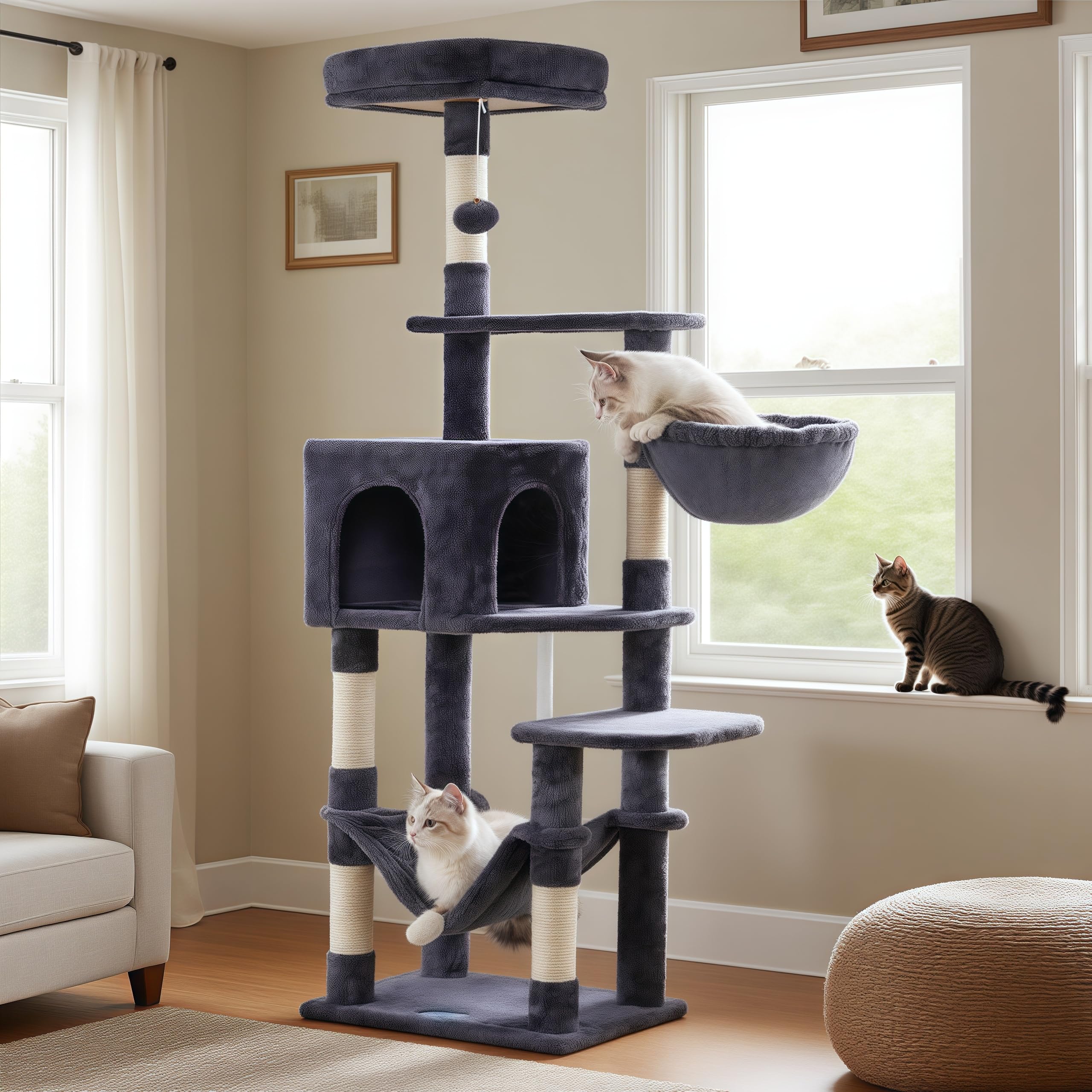 Hey-brother cat tree pom-poms and plush finish add playful charm.