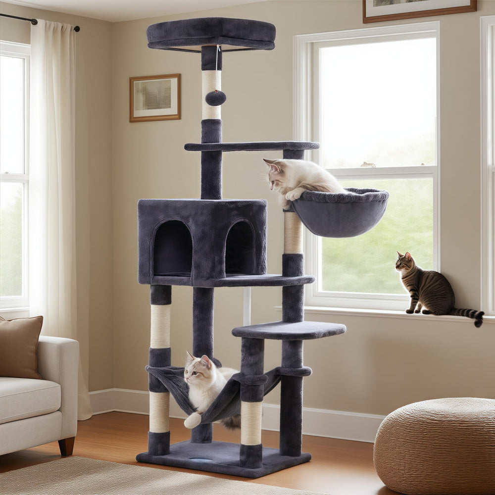 Hey-brother cat tree pom-poms and plush finish add playful charm.