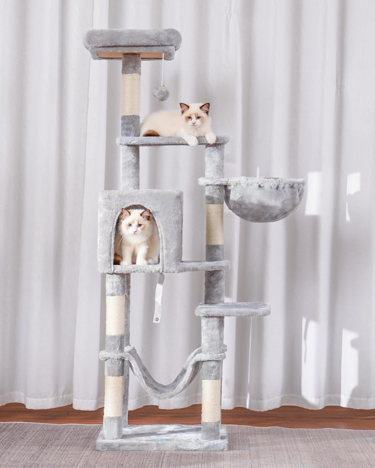 Hey-brother cat tree pompoms add playful décor and stimulation for cats.