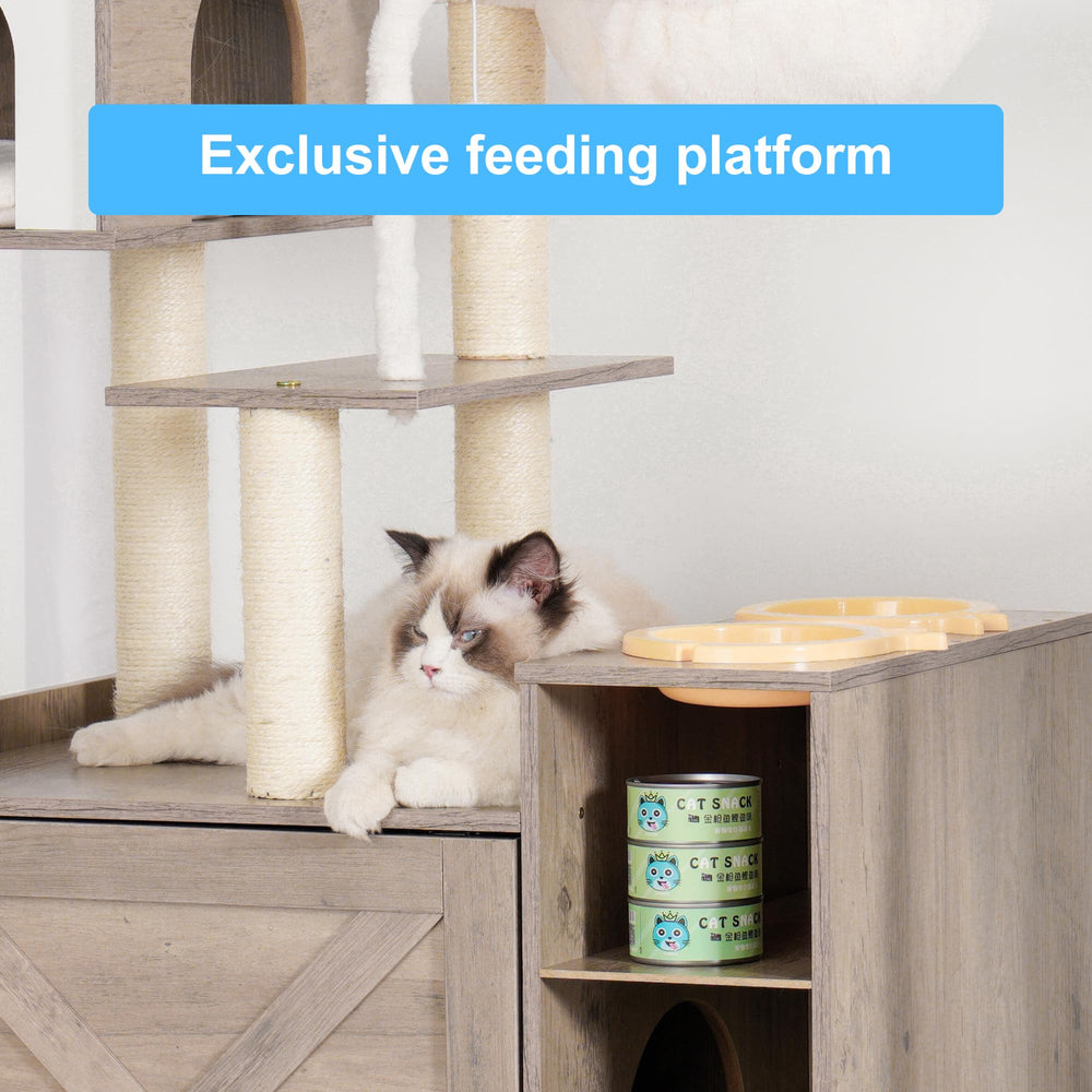 Hey-brother cat tree privacy cabinet hides litter area for a calmer room.