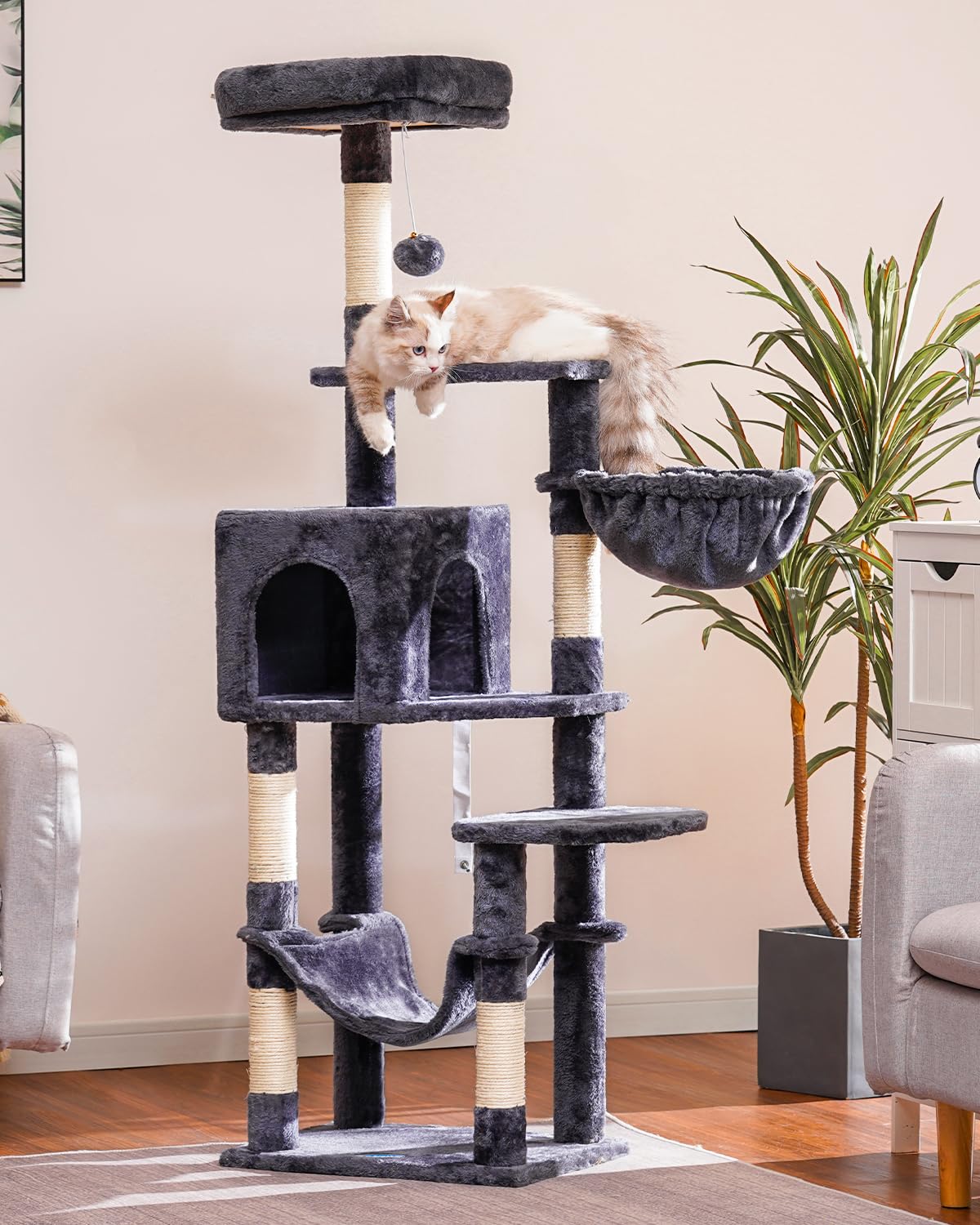 Hey-brother cat tree side view shows anti-tip design for safe multi-cat play.