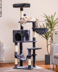 Hey-brother cat tree side view shows anti-tip design for safe multi-cat play.